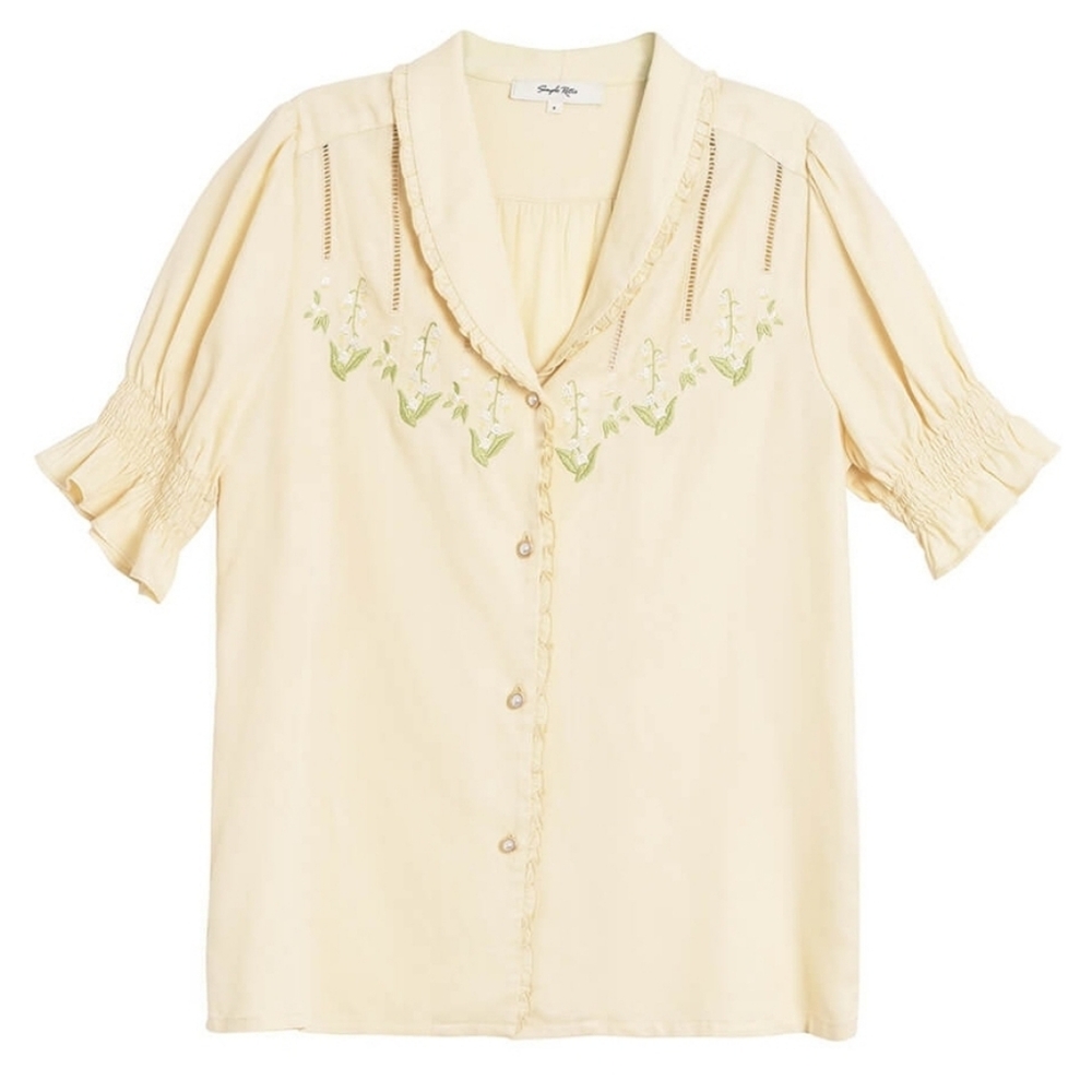 Simple Retro Yellow Collared Floral Button Up Alicia Blouse - Embroidery Top